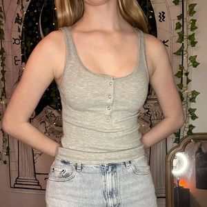 grey tank top, quarter button up, XS